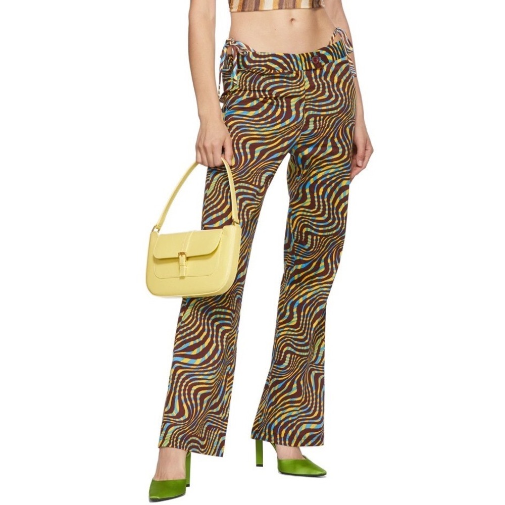 Gimaguas Psychedelic Swirl Print Flared Trousers Brown‎ Yellow Blue Small n3